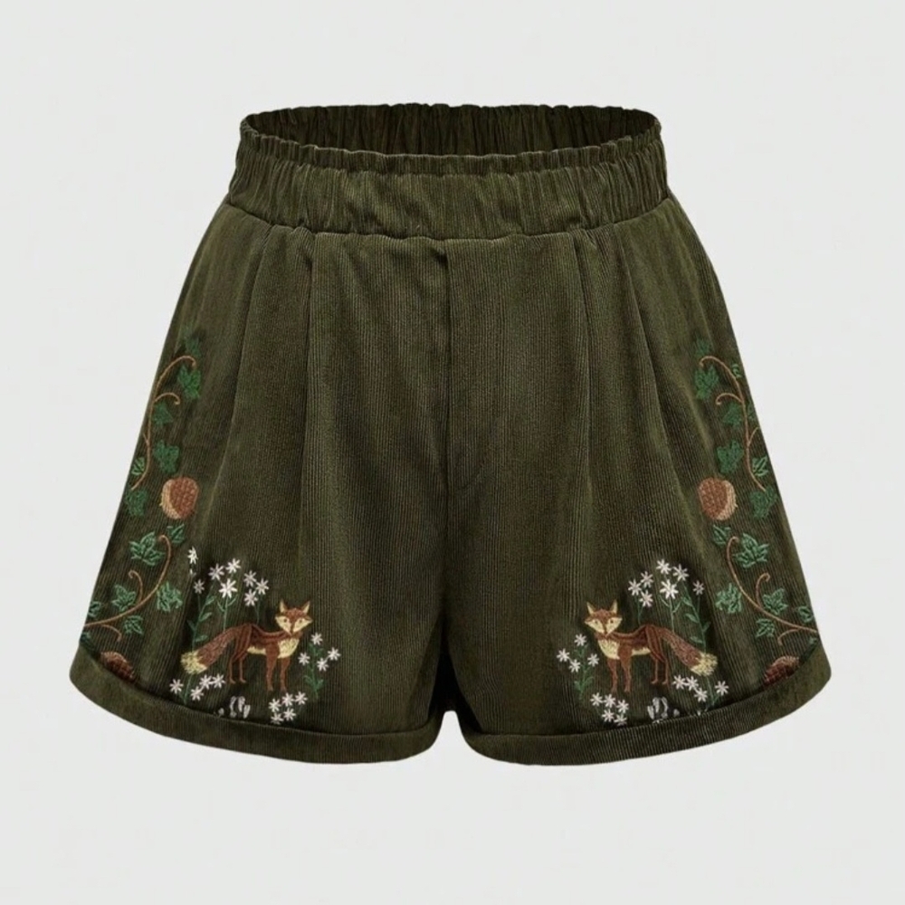 ROMWE Fairycore Vacation Olive Green WomenEmbroidered Olive Green Women's Shorts